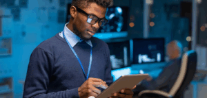 man looking at ipad in server room